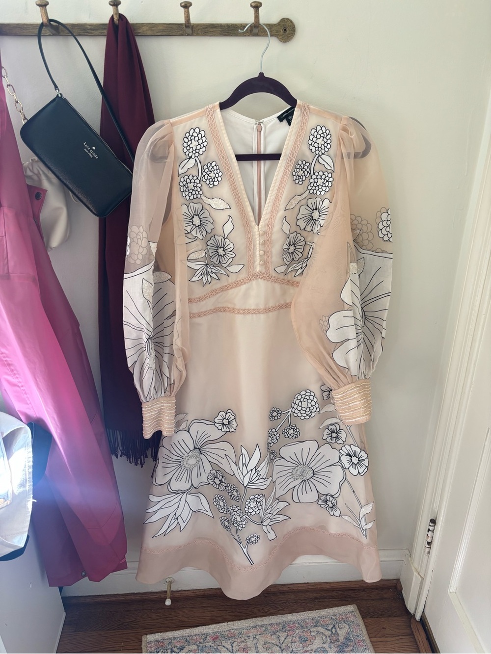 Karen Millen Blush Sheer Long-Sleeve Floral Embroidered Dress